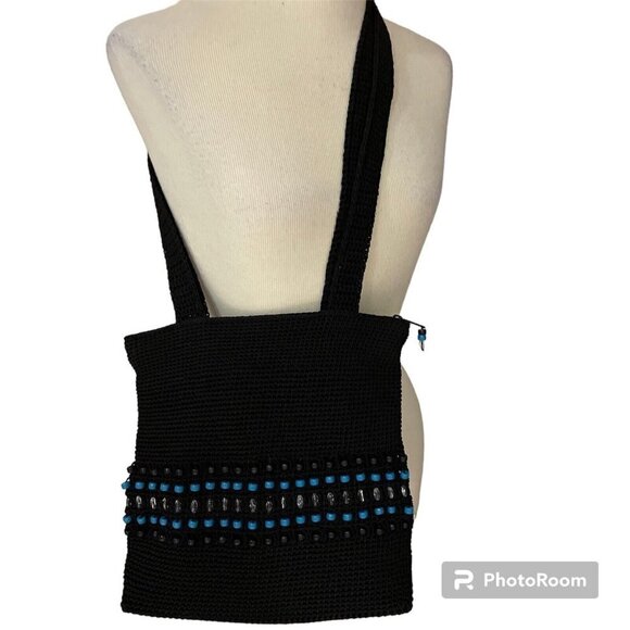 Women's Crochet Shoulder Bag Crossbody with Beads Zip Closure Black Boho Hippie - Picture 1 of 13